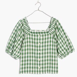 Madewell Linen-Cotton Square-Neck Button-Front Top in Gingham Check Size M